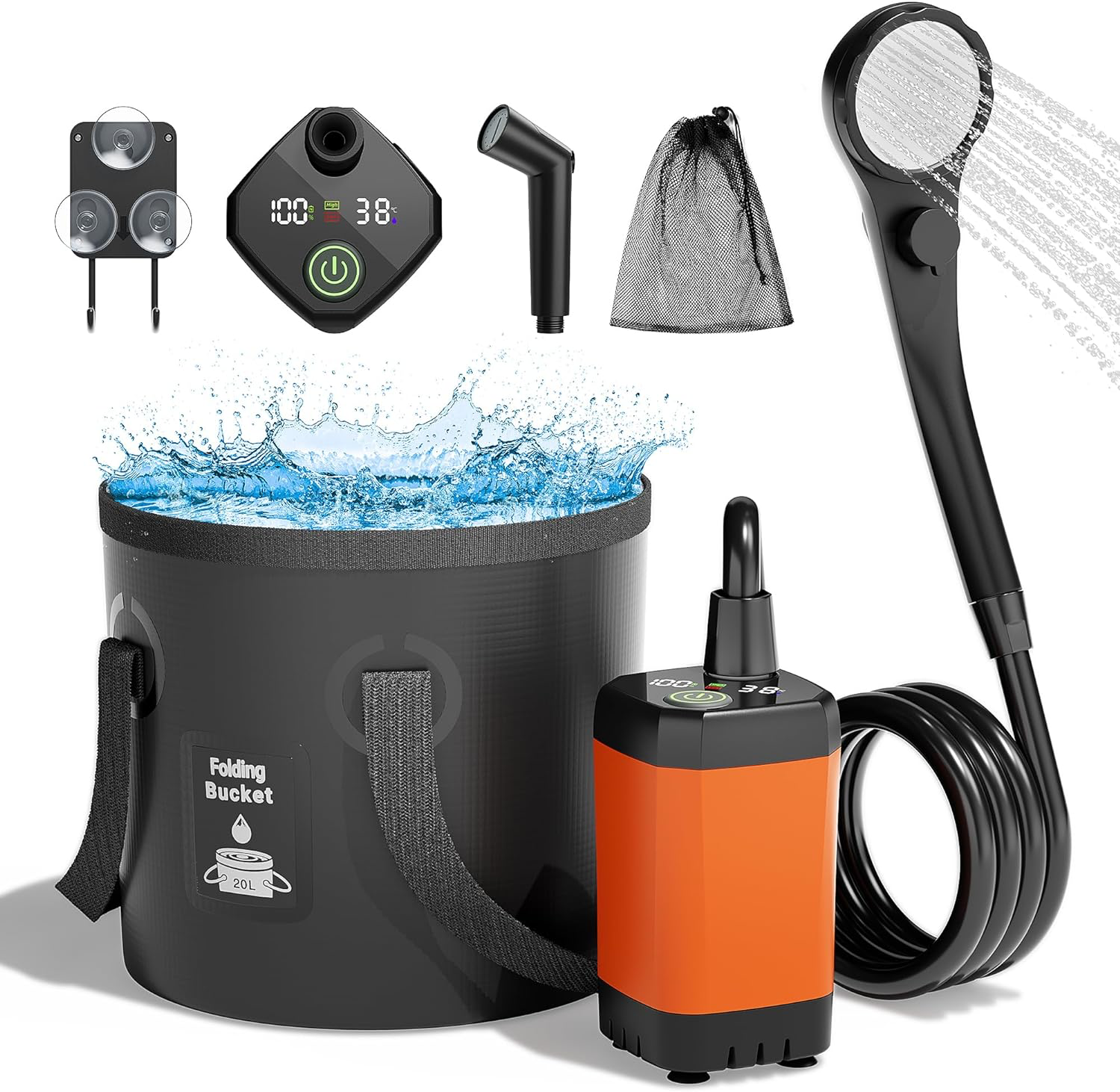 Portable Camping Shower, Upgrade 6000mAh Rechargeable Electric Shower Pump & 5 Gallon Collapsible Bucket, LED Display, Multiple Spray Modes, Portable Shower for Outdoor Camping Hiking (Orange) Portable Camping Shower, Upgrade 6000mAh Rechargeable Electric Shower Pump & 5 Gallon Collapsible Bucket, LED Display, Multiple Spray Modes, Portable Shower for Outdoor Camping Hiking (Orange)